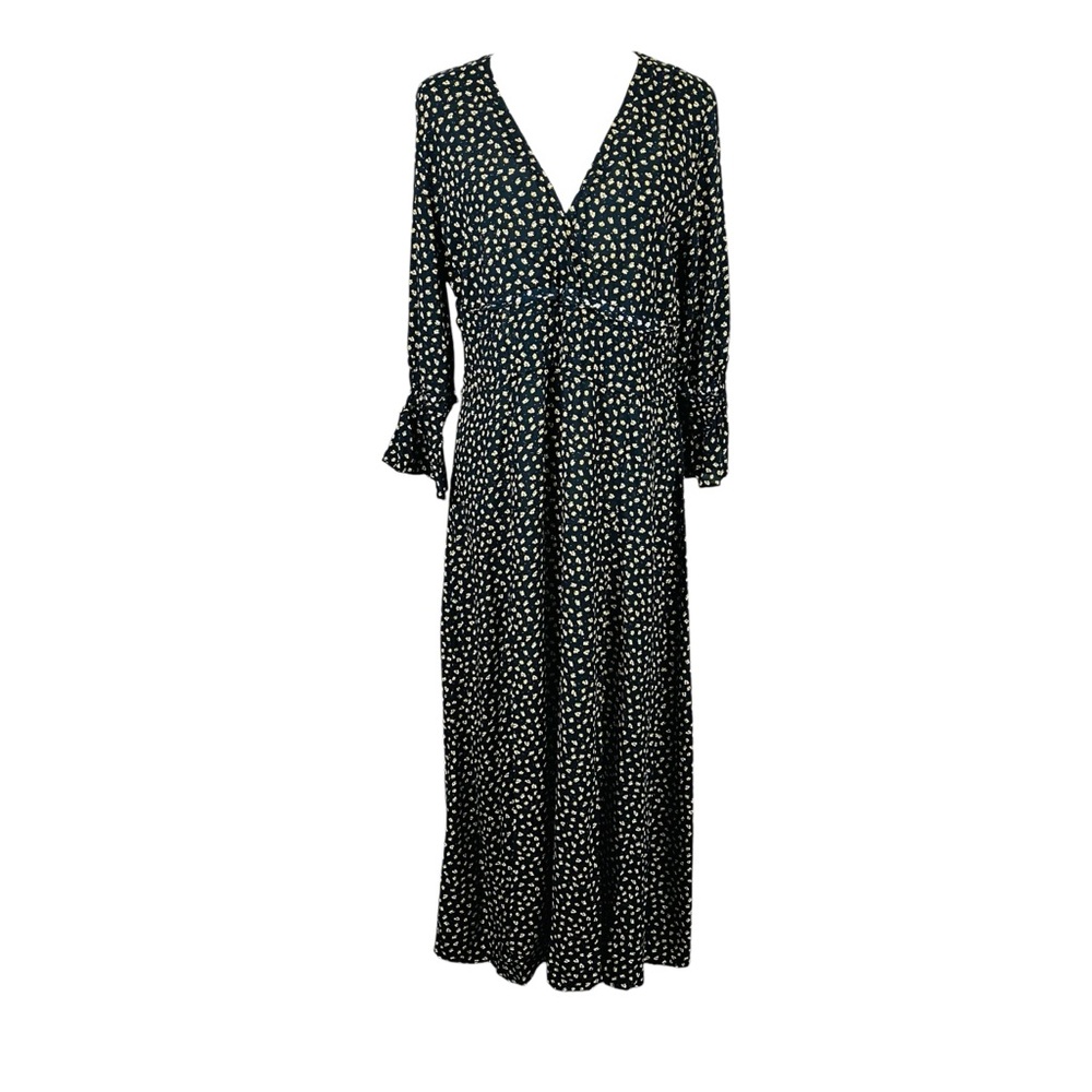 Zara Black Midi Dress With A Small Yellow And White Floral Print.